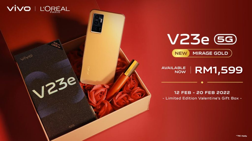 vivo V23e 5G Mirage Gold kini di Malaysia pada harga RM 1,599 - percuma gift box Valentine’s L’Oréal Paris 1
