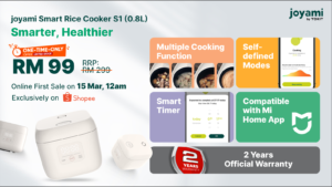 joyami Smart Rice Cooker S1 akan ditawarkan pada harga RM 99 sahaja di Shopee pada 15 Mac ini 2