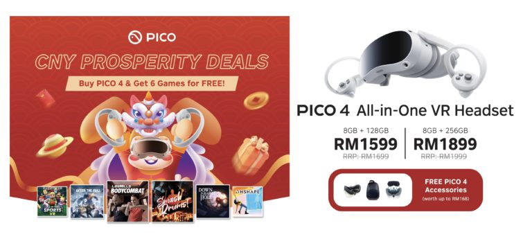 Dapatkan set kepala PICO 4 pada harga serendah RM 1,599 sahaja - percuma 6 permainan VR dan 3 aksesori 5
