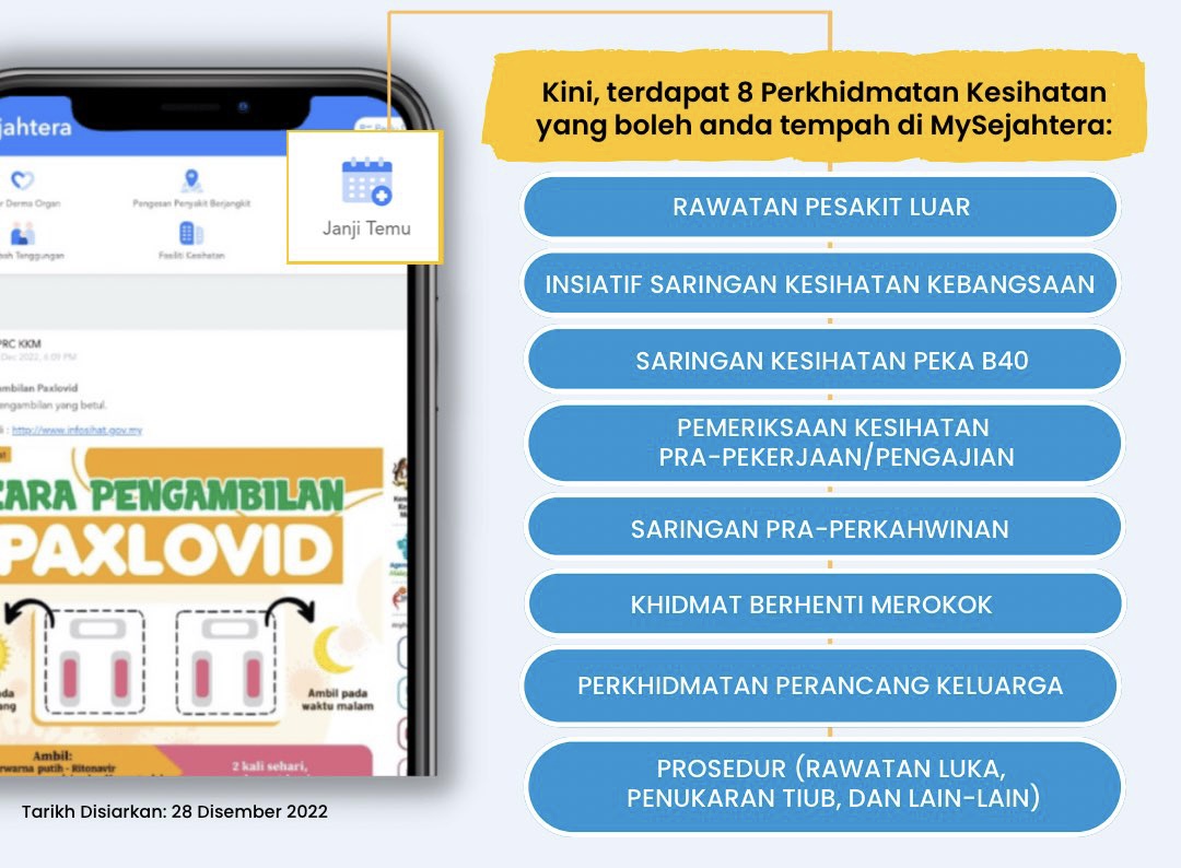 Janji temu perkhidmatan klinik kesihatan di bawah KKM kini boleh ditempah di aplikasi MySejahtera 6