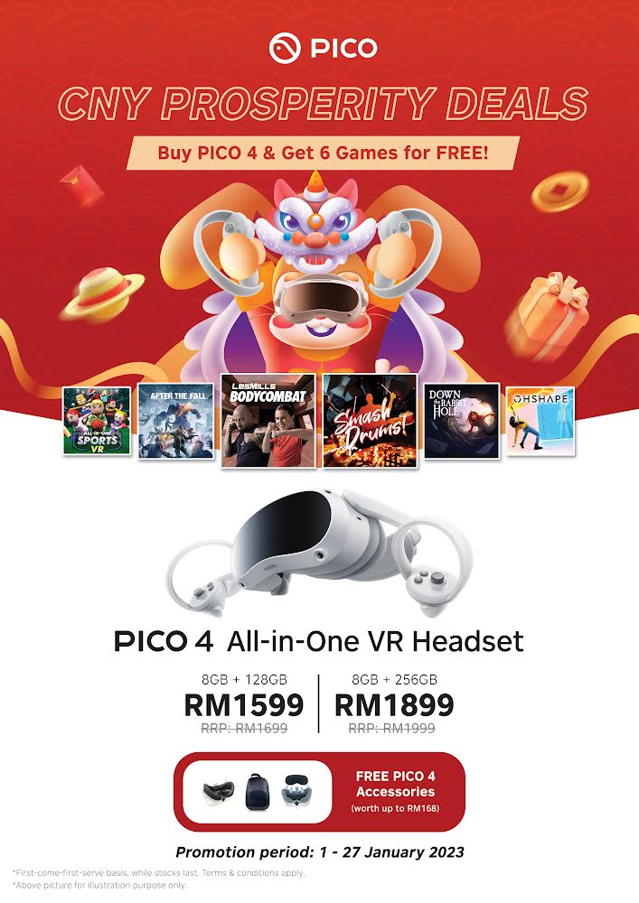 Dapatkan set kepala PICO 4 pada harga serendah RM 1,599 sahaja - percuma 6 permainan VR dan 3 aksesori 3