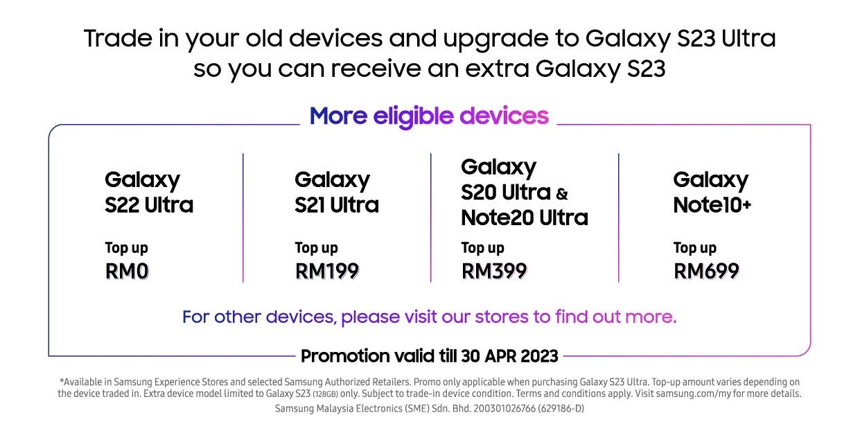 Samsung lanjutkan promosi trade-in beli satu percuma satu bagi pembelian Galaxy S23 Ultra sehingga 30 April 3
