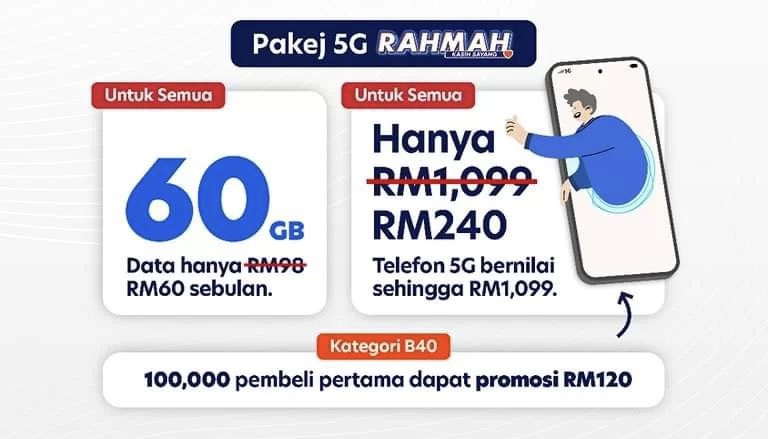 Pakej 5G Rahmah dilancarkan pada harga RM 60 sebulan untuk 60GB internet 5G 6