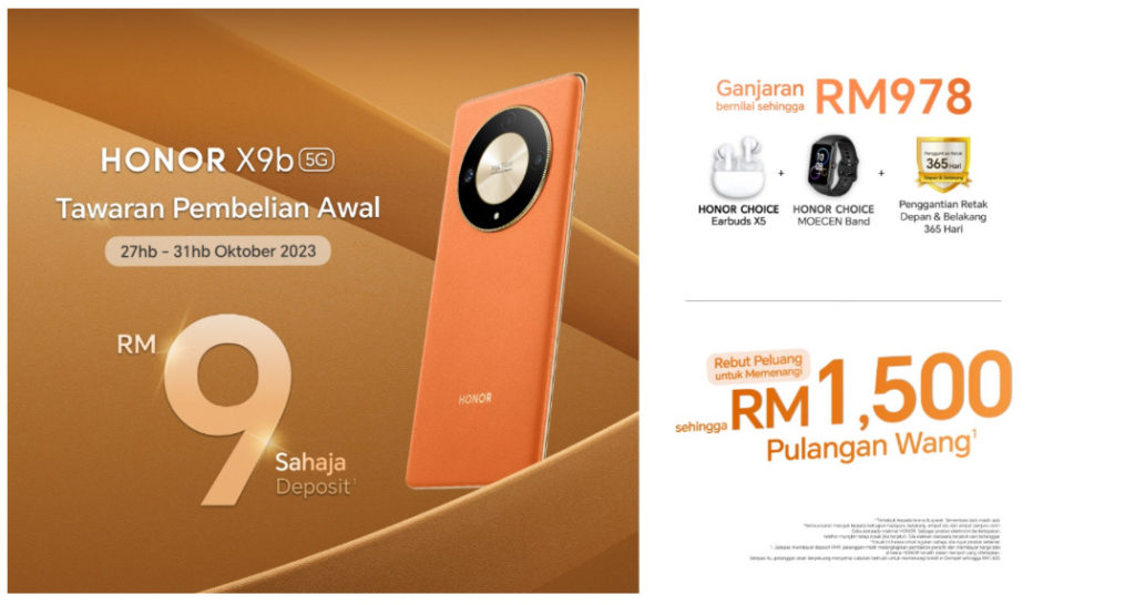 Tempah Honor X9b 5G pada harga RM 9 sahaja - peluang menangi cashback sehingga RM 1,500 1