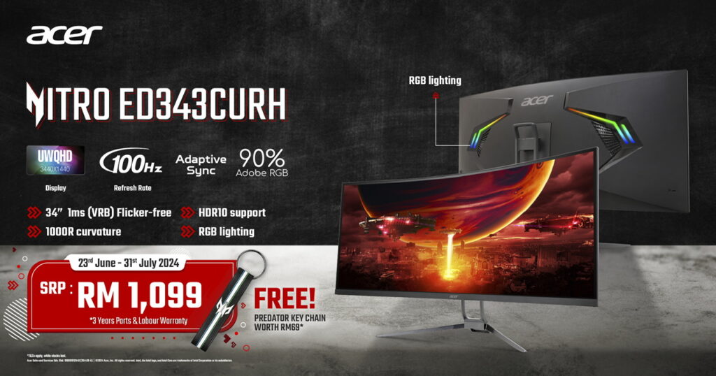 Monitor Acer Nitro ED343CUR H kini ditawarkan di Malaysia - RM 1,099 1