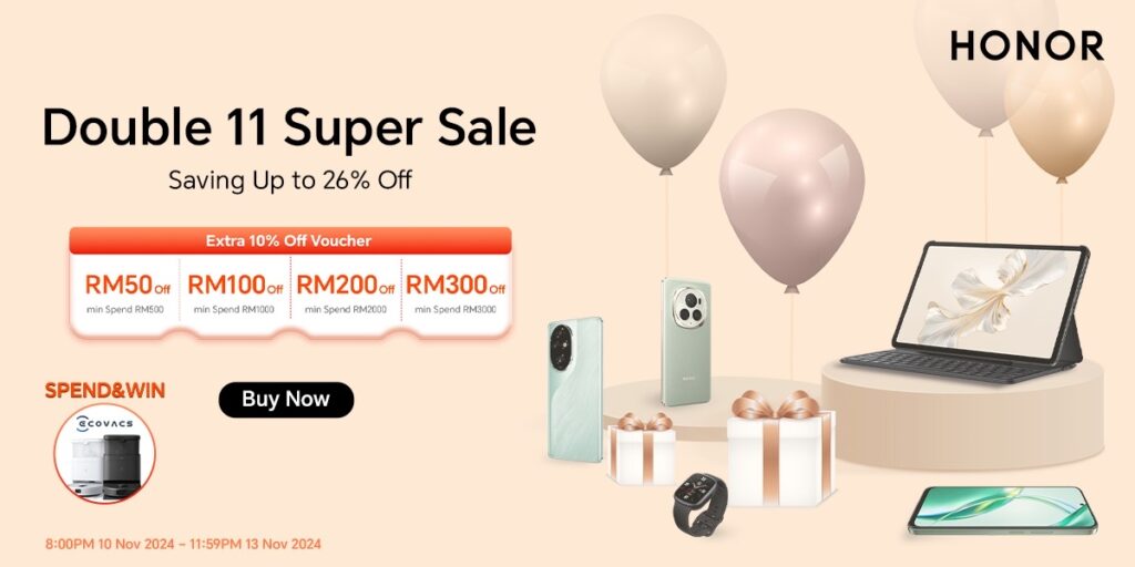 Dapatkan Peranti HONOR Dengan Diskaun Sehingga 26% dan Diskaun Tambahan Pada Jualan Double 11 Super Sale 1